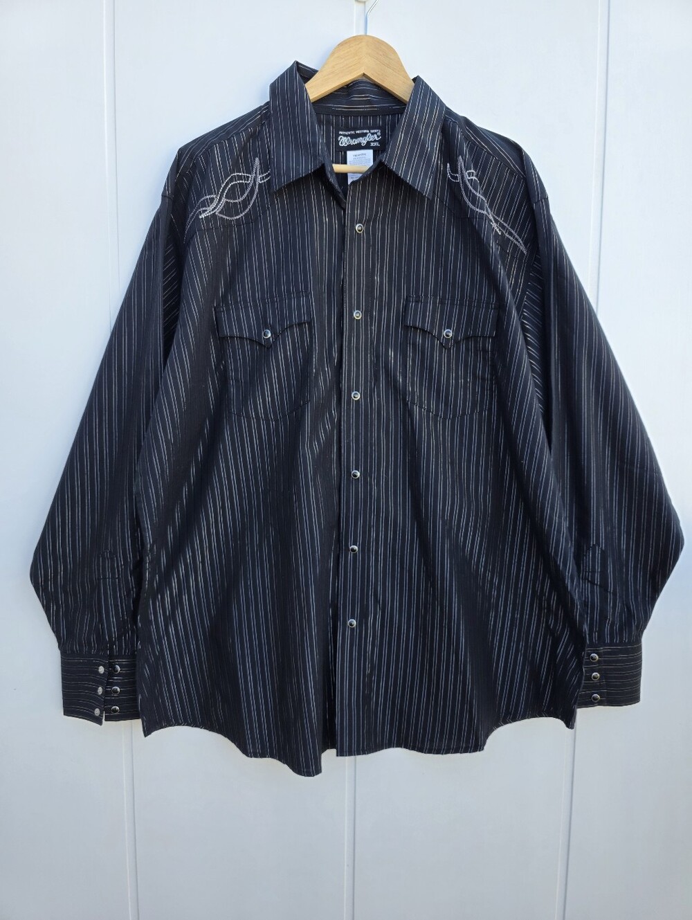 Wrangler Metallic Pinstripe Western Button Down Pearl Snap Shirt Black Mens XXL
